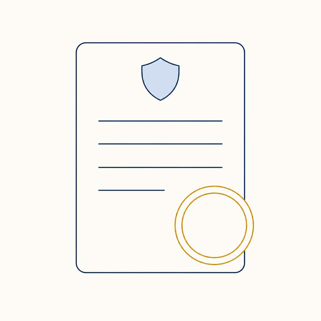 Ilustração minimalista de um documento fiscal com escudo e carimbo dourado, sobre fundo creme