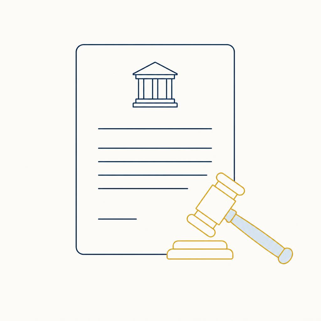 Ilustração minimalista de um documento judicial com um martelo de juiz dourado ao lado, sobre fundo creme