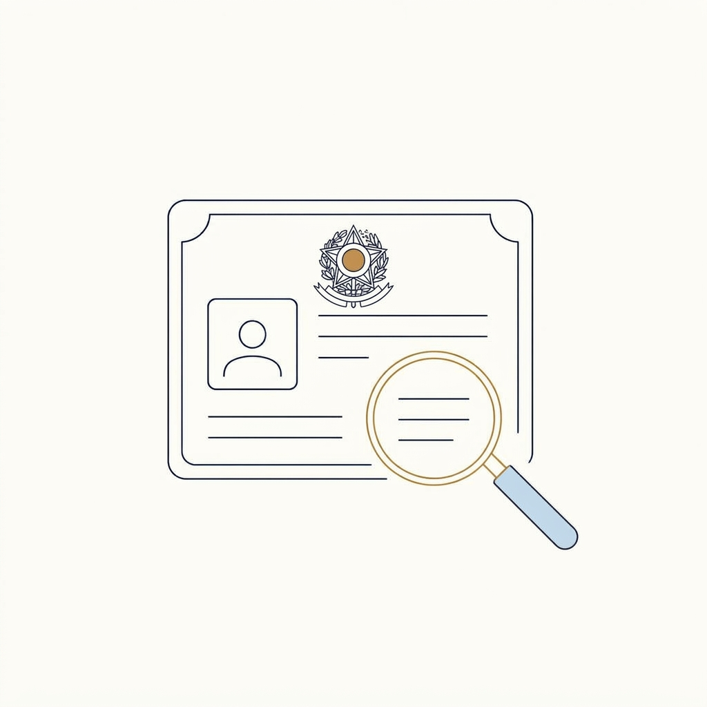 Ilustração editorial sobre revisão de benefícios do INSS — documento, lupa, calculadora e balança dourada da justiça sobre fundo azul-marinho